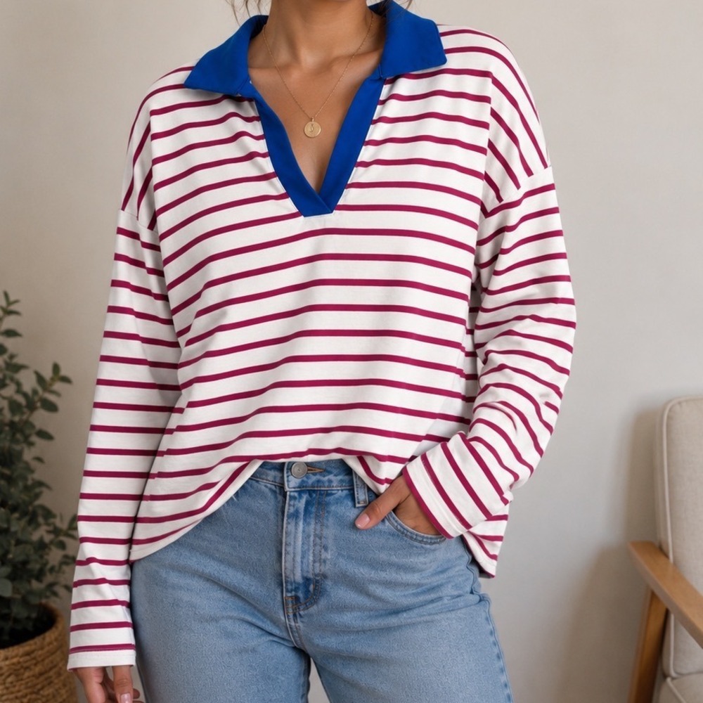 ZESICA Women's Small Striped Collared Long Sleeve Top Pink Blue V-Neck Casual